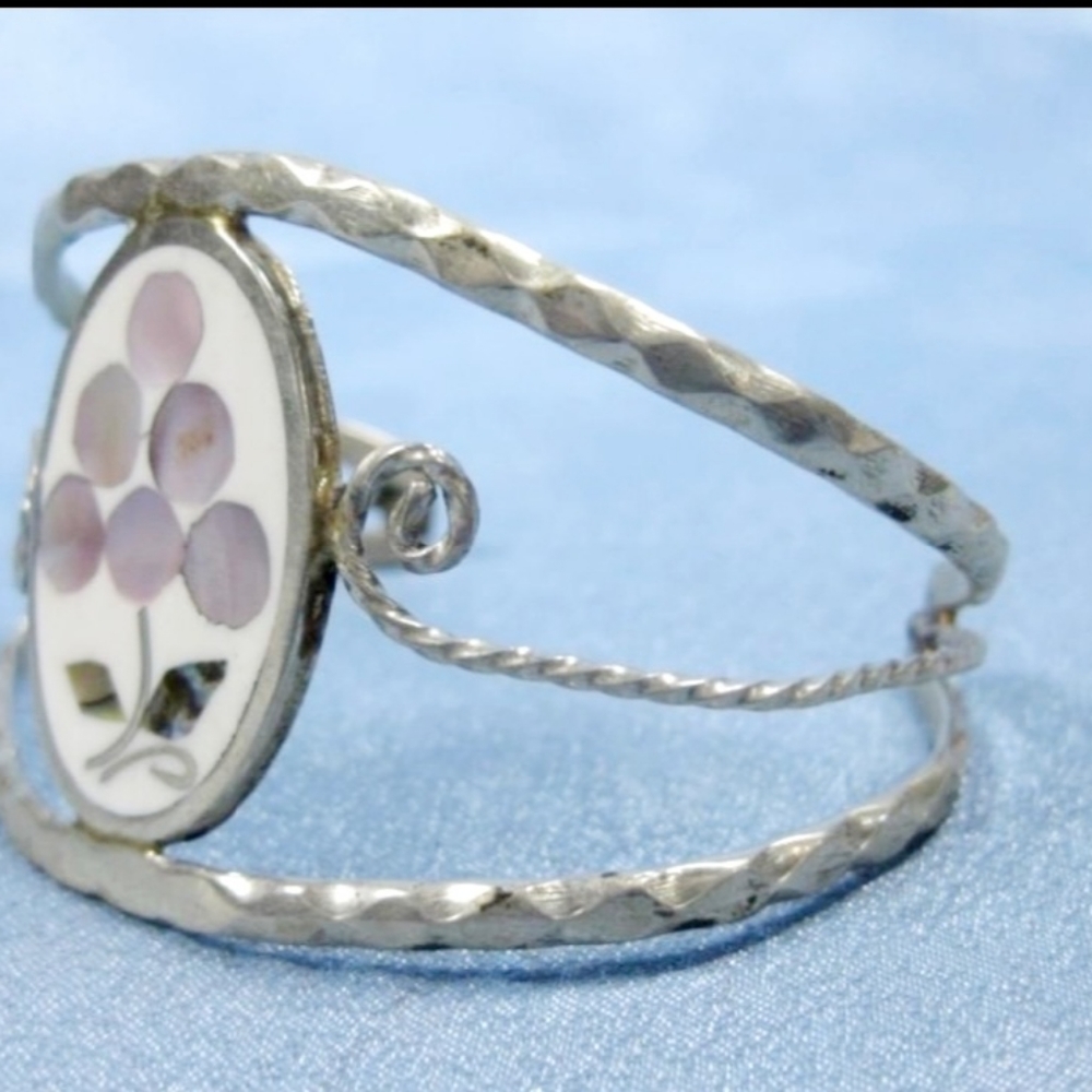 Silver Tone Shell Inlay Cuff Bracelet - Picture 3 of 5